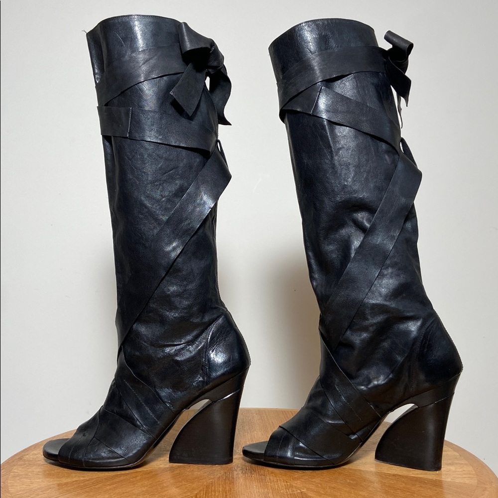 Black Leather Open Toe Boots